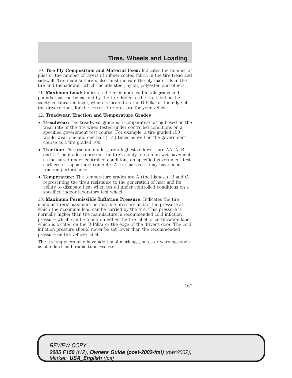 Tires, wheels and loading | FORD 2005 F-150 v.1 User Manual | Page 167 / 312