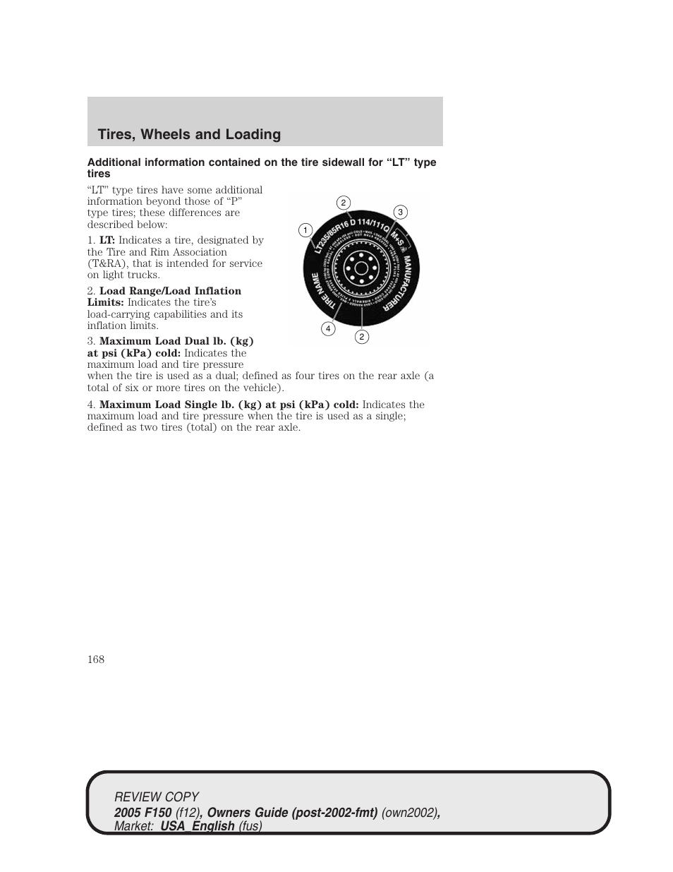 Tires, wheels and loading | FORD 2005 F-150 v.1 User Manual | Page 168 / 312