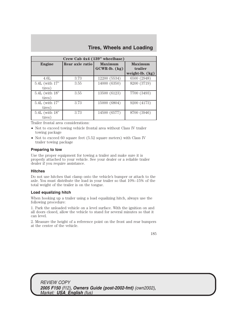 Tires, wheels and loading | FORD 2005 F-150 v.1 User Manual | Page 185 / 312