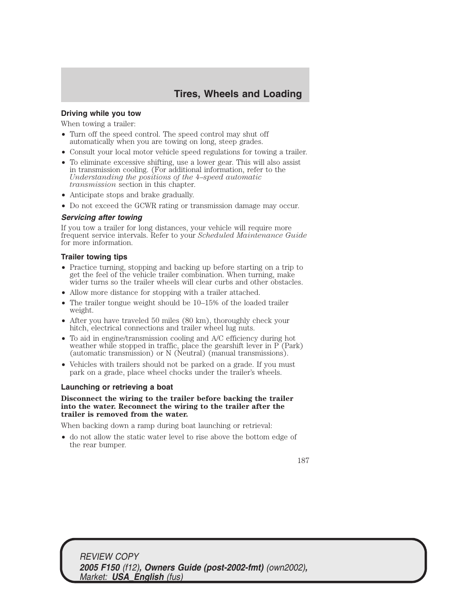 Tires, wheels and loading | FORD 2005 F-150 v.1 User Manual | Page 187 / 312