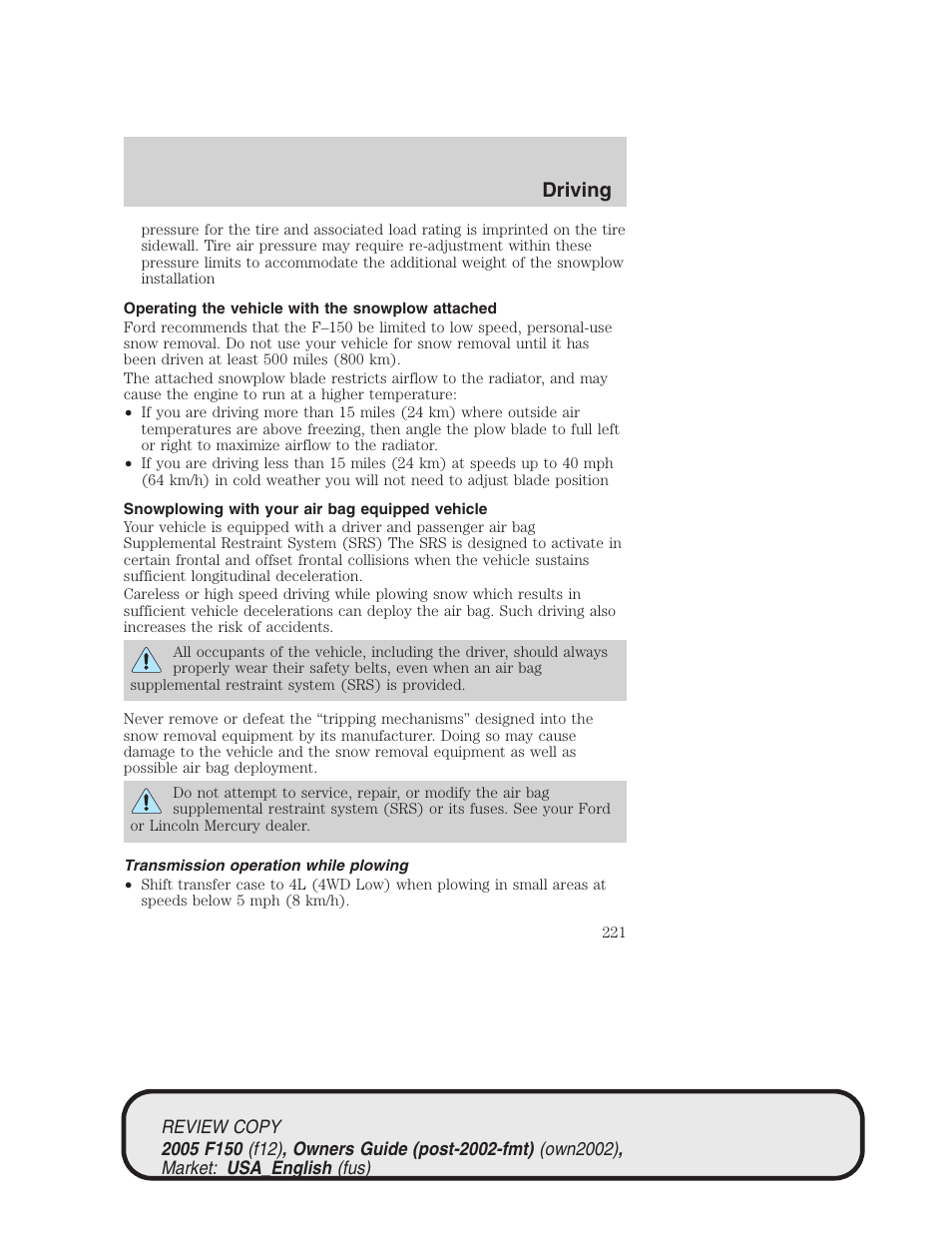 Driving | FORD 2005 F-150 v.1 User Manual | Page 221 / 312