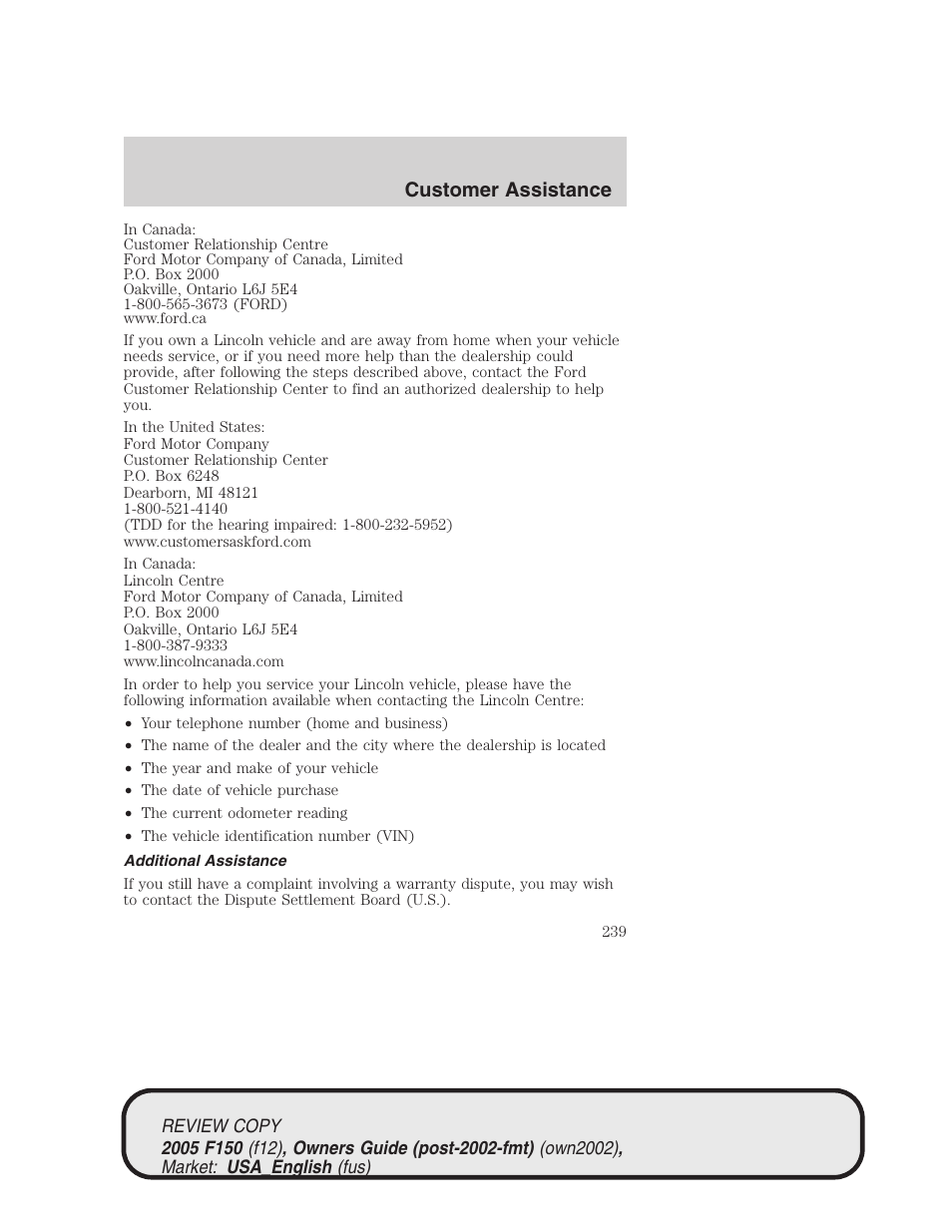 Customer assistance | FORD 2005 F-150 v.1 User Manual | Page 239 / 312