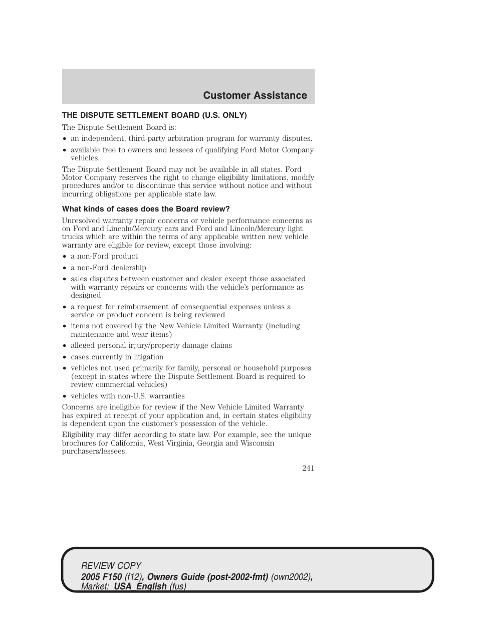 Customer assistance | FORD 2005 F-150 v.1 User Manual | Page 241 / 312