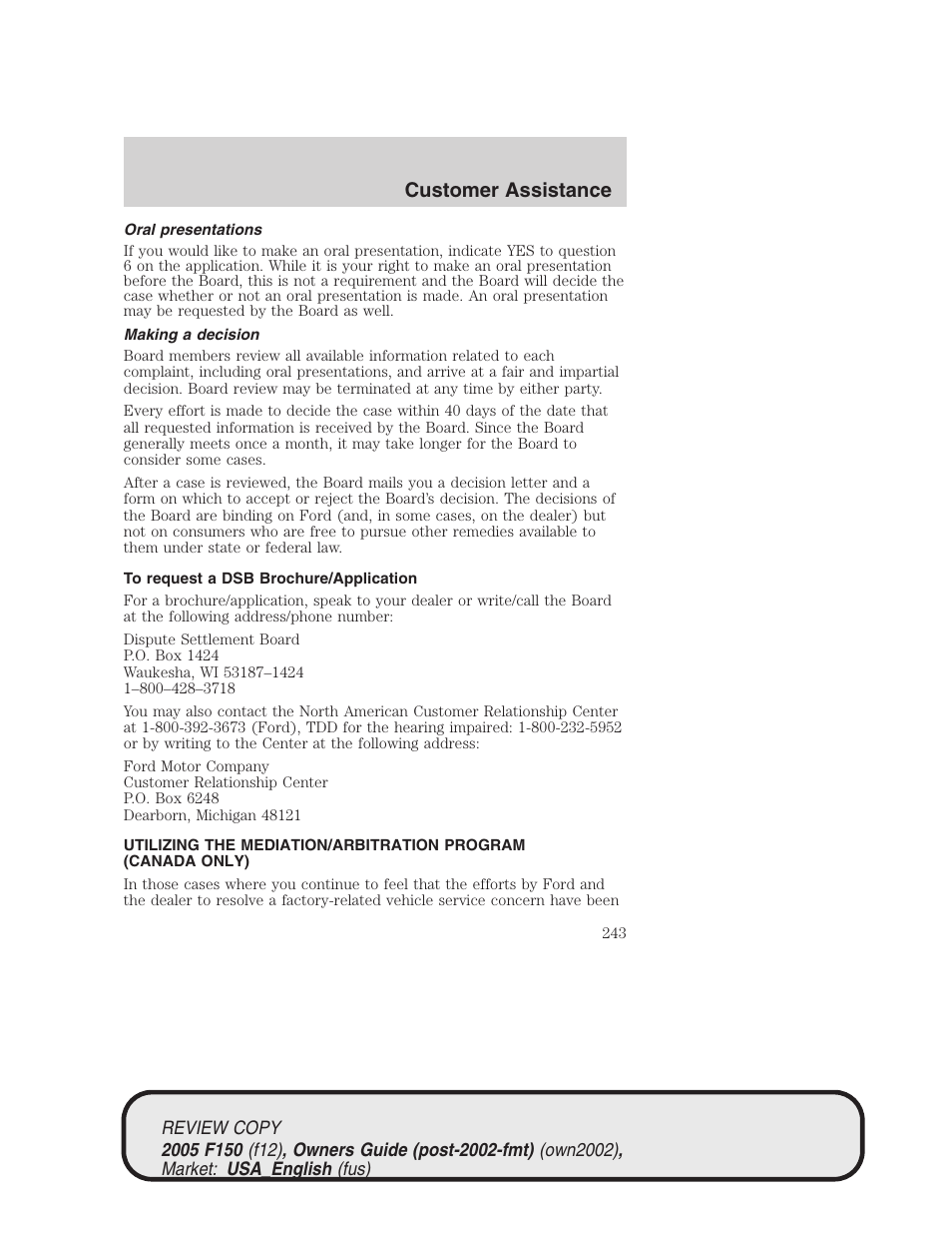 Customer assistance | FORD 2005 F-150 v.1 User Manual | Page 243 / 312