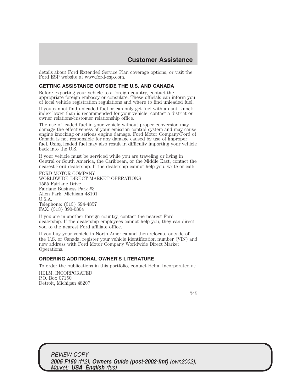 Customer assistance | FORD 2005 F-150 v.1 User Manual | Page 245 / 312