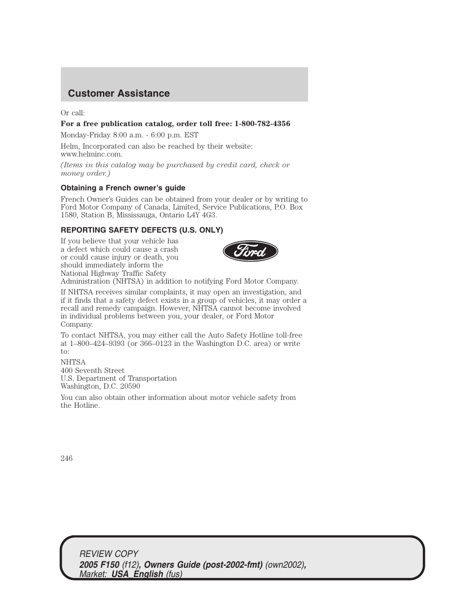 Customer assistance | FORD 2005 F-150 v.1 User Manual | Page 246 / 312