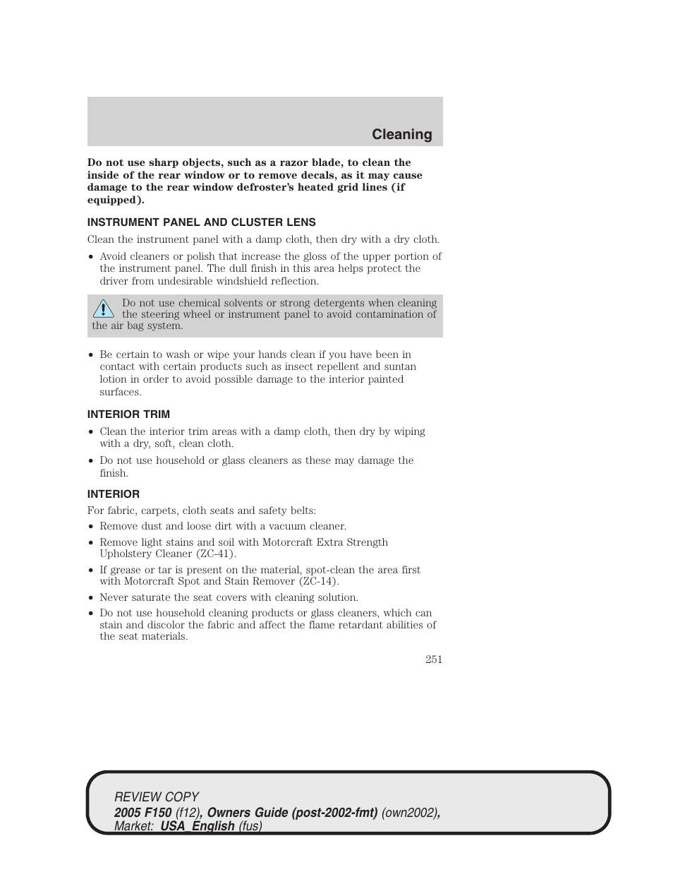 Cleaning | FORD 2005 F-150 v.1 User Manual | Page 251 / 312