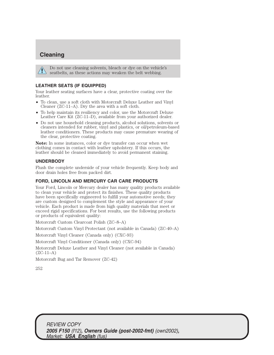 Cleaning | FORD 2005 F-150 v.1 User Manual | Page 252 / 312