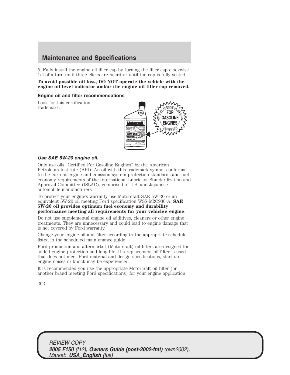Maintenance and specifications | FORD 2005 F-150 v.1 User Manual | Page 262 / 312