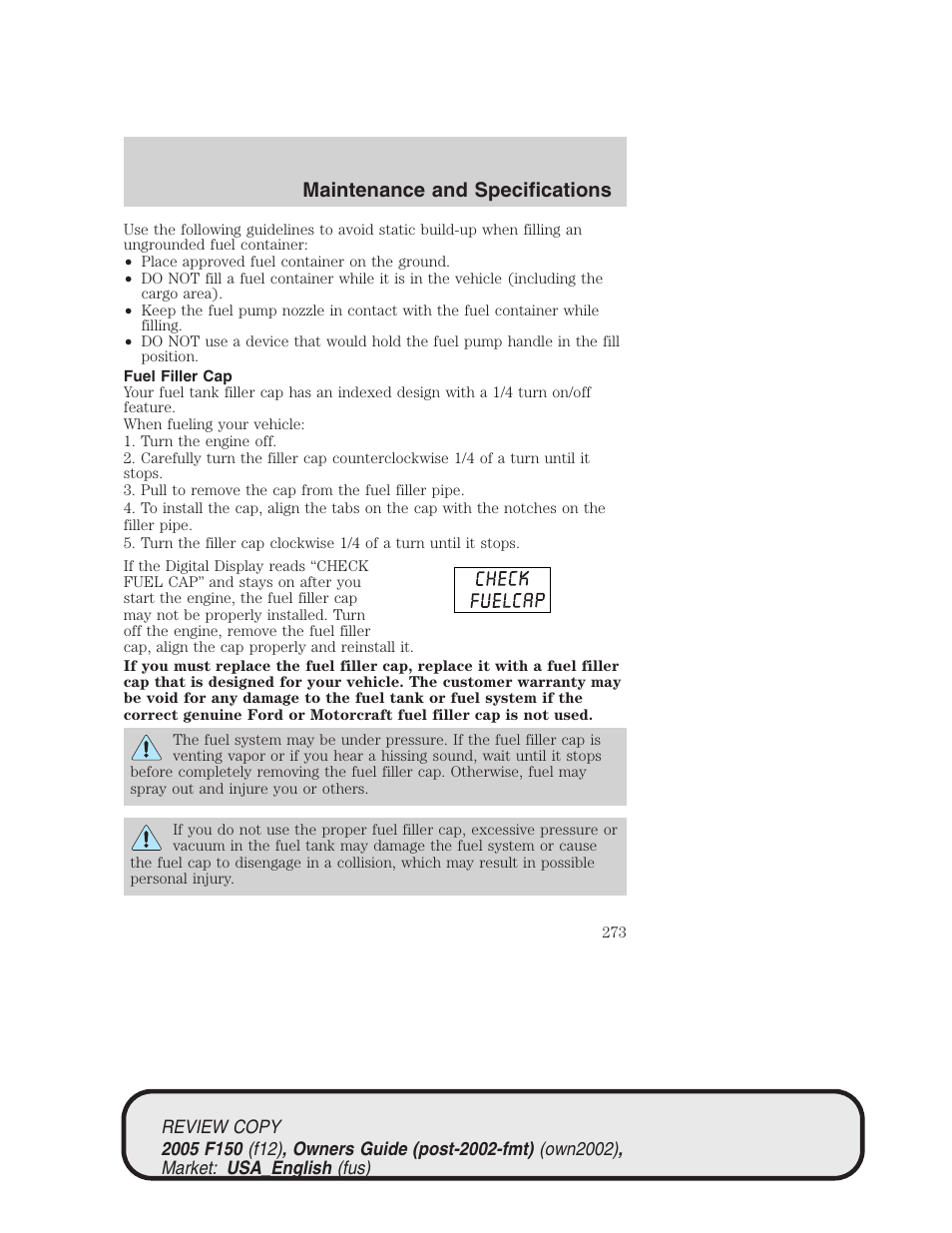 Maintenance and specifications | FORD 2005 F-150 v.1 User Manual | Page 273 / 312