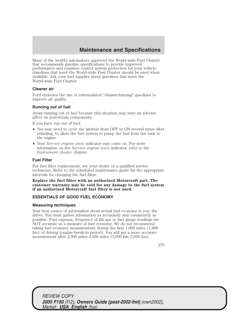 Maintenance and specifications | FORD 2005 F-150 v.1 User Manual | Page 275 / 312