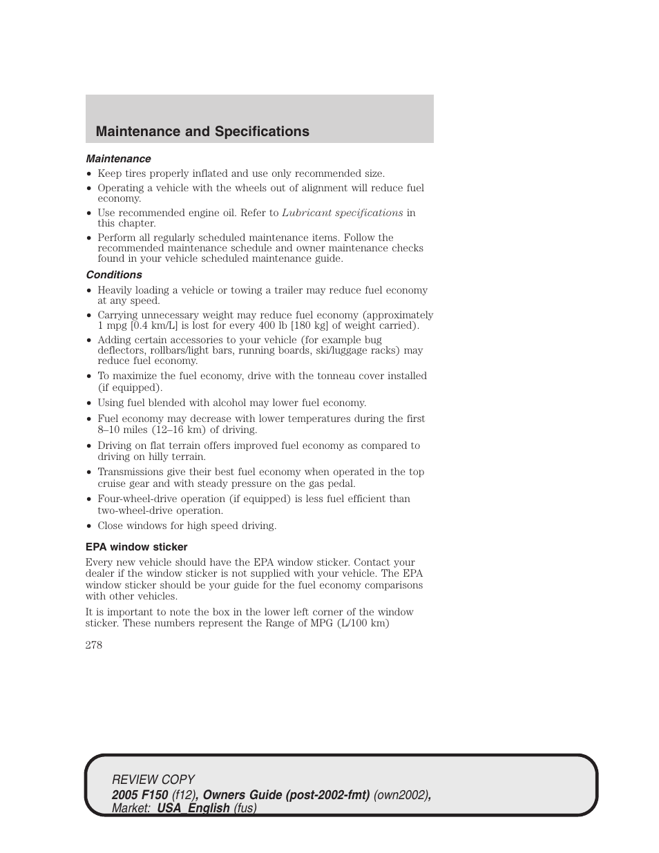Maintenance and specifications | FORD 2005 F-150 v.1 User Manual | Page 278 / 312