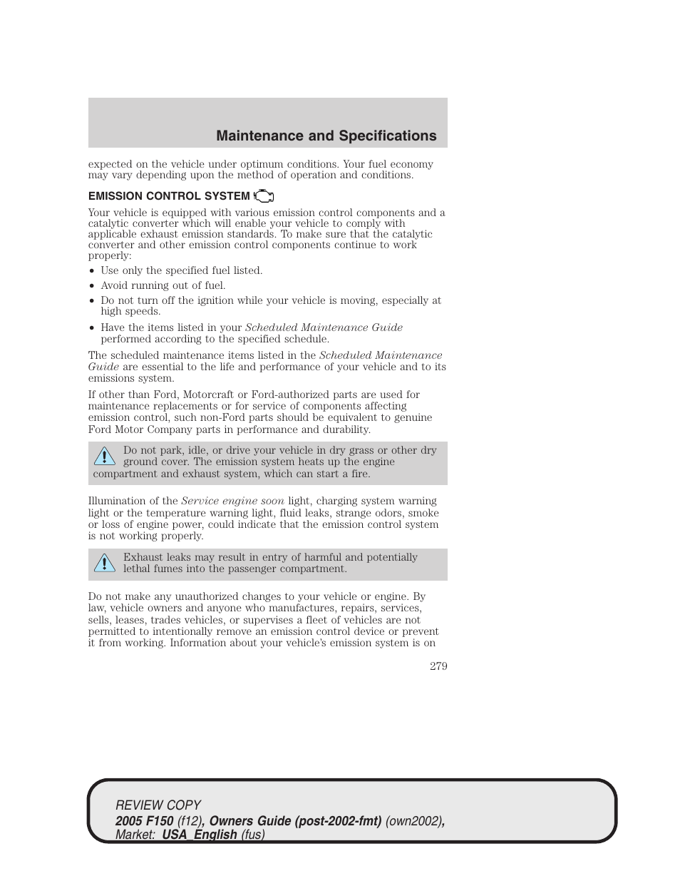 Maintenance and specifications | FORD 2005 F-150 v.1 User Manual | Page 279 / 312