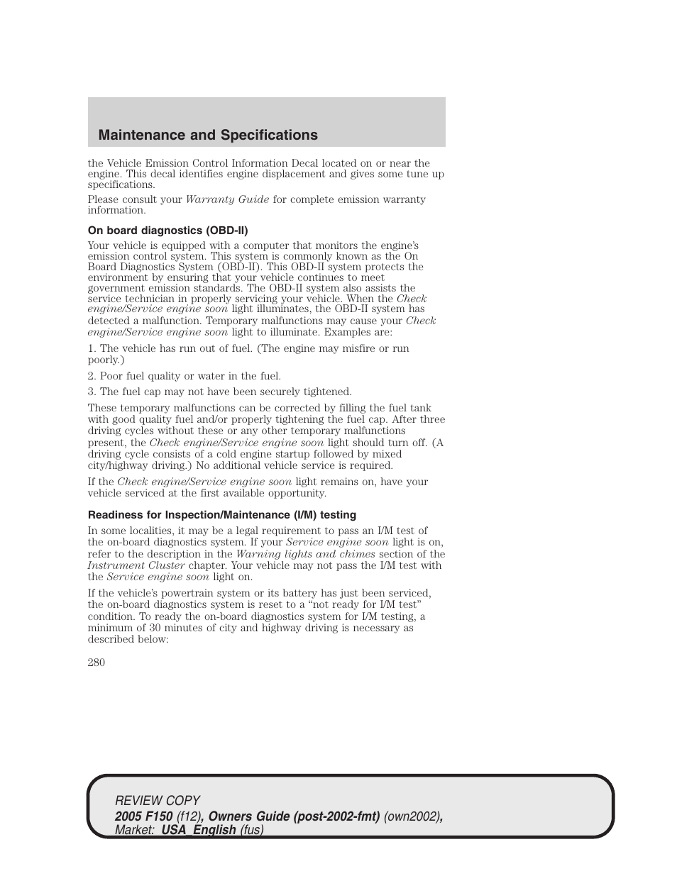 Maintenance and specifications | FORD 2005 F-150 v.1 User Manual | Page 280 / 312