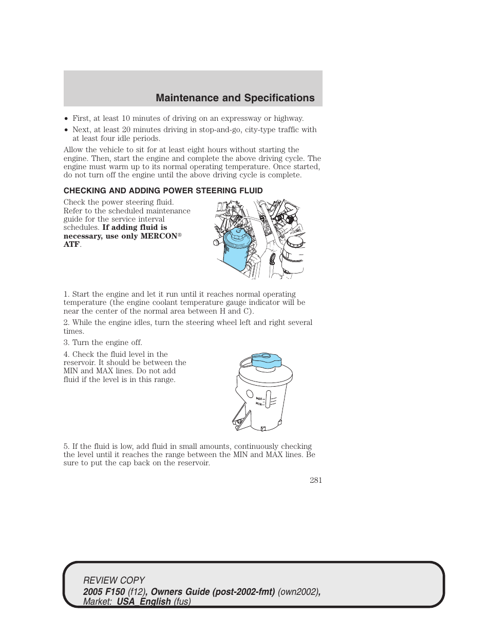 Maintenance and specifications | FORD 2005 F-150 v.1 User Manual | Page 281 / 312