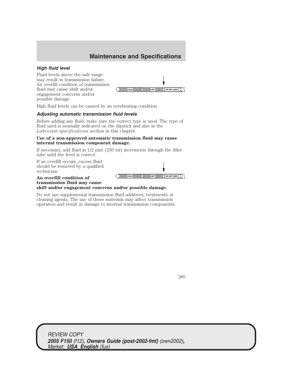 Maintenance and specifications | FORD 2005 F-150 v.1 User Manual | Page 285 / 312