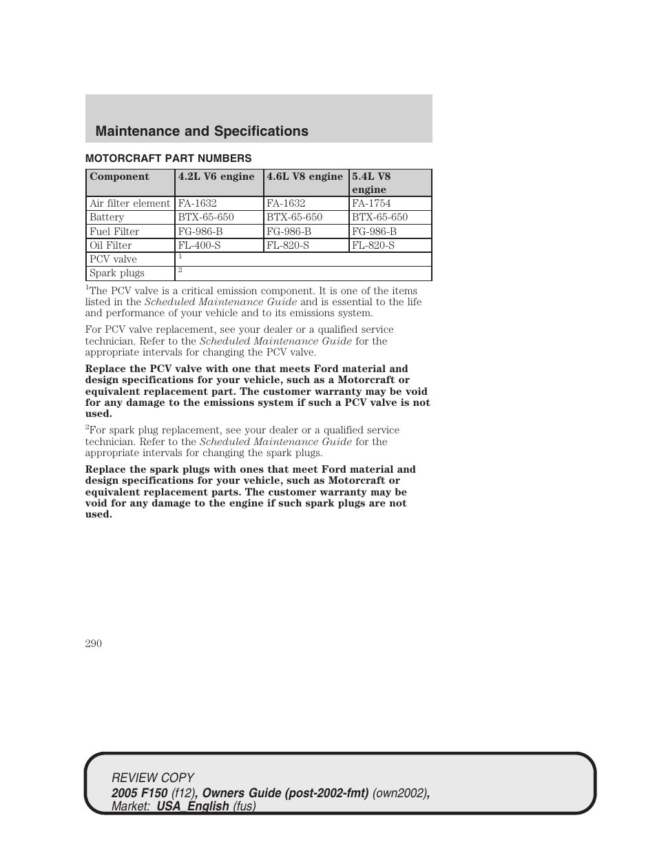 Maintenance and specifications | FORD 2005 F-150 v.1 User Manual | Page 290 / 312