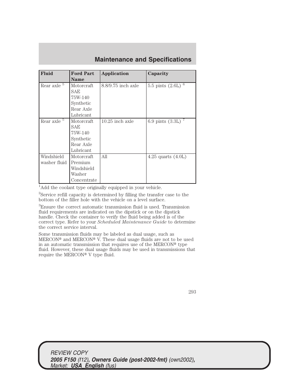 Maintenance and specifications | FORD 2005 F-150 v.1 User Manual | Page 293 / 312