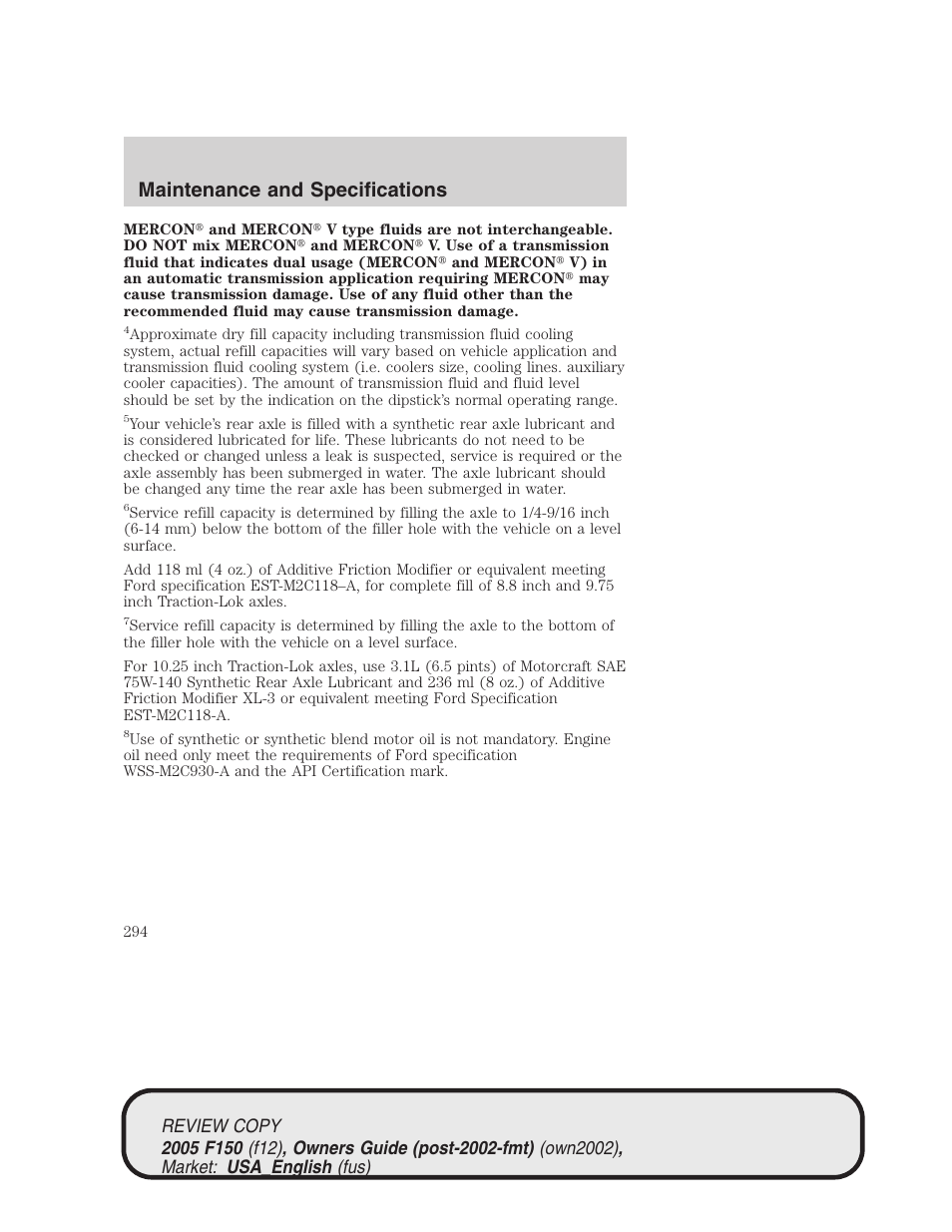 Maintenance and specifications | FORD 2005 F-150 v.1 User Manual | Page 294 / 312