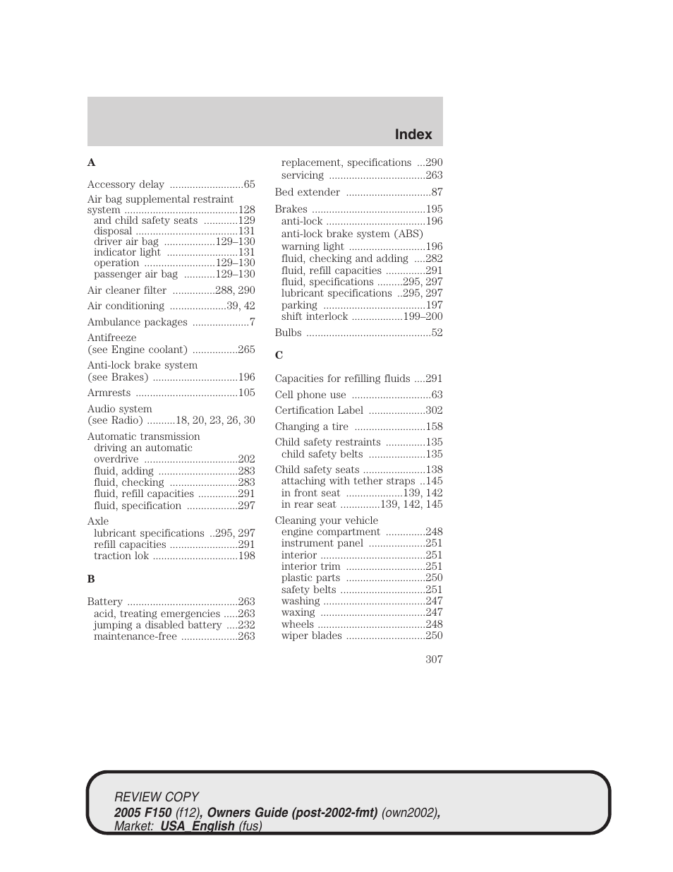 Index | FORD 2005 F-150 v.1 User Manual | Page 307 / 312