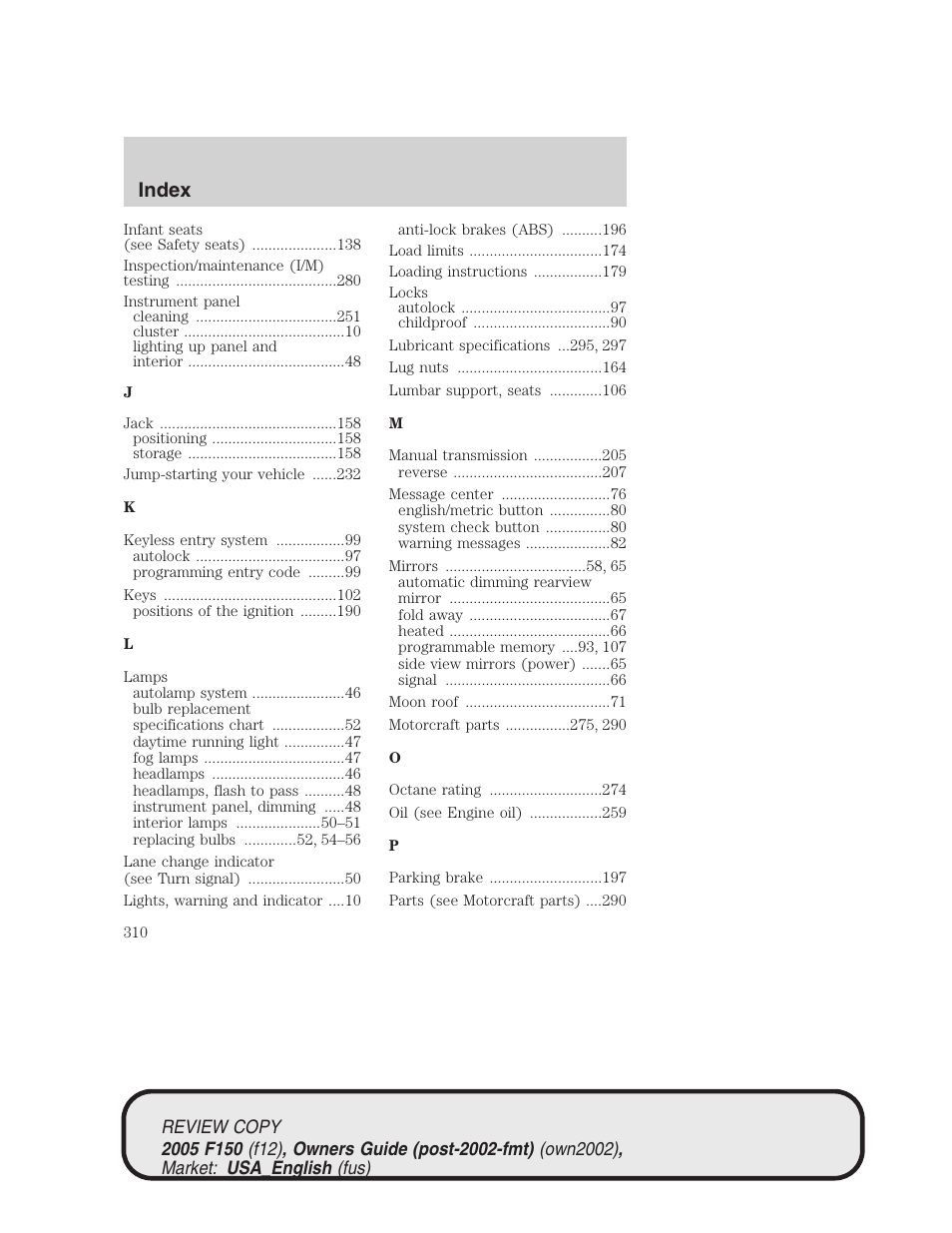 Index | FORD 2005 F-150 v.1 User Manual | Page 310 / 312