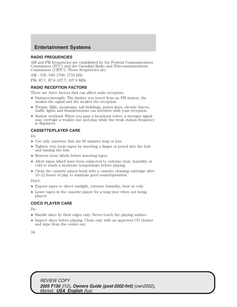 Entertainment systems | FORD 2005 F-150 v.1 User Manual | Page 34 / 312