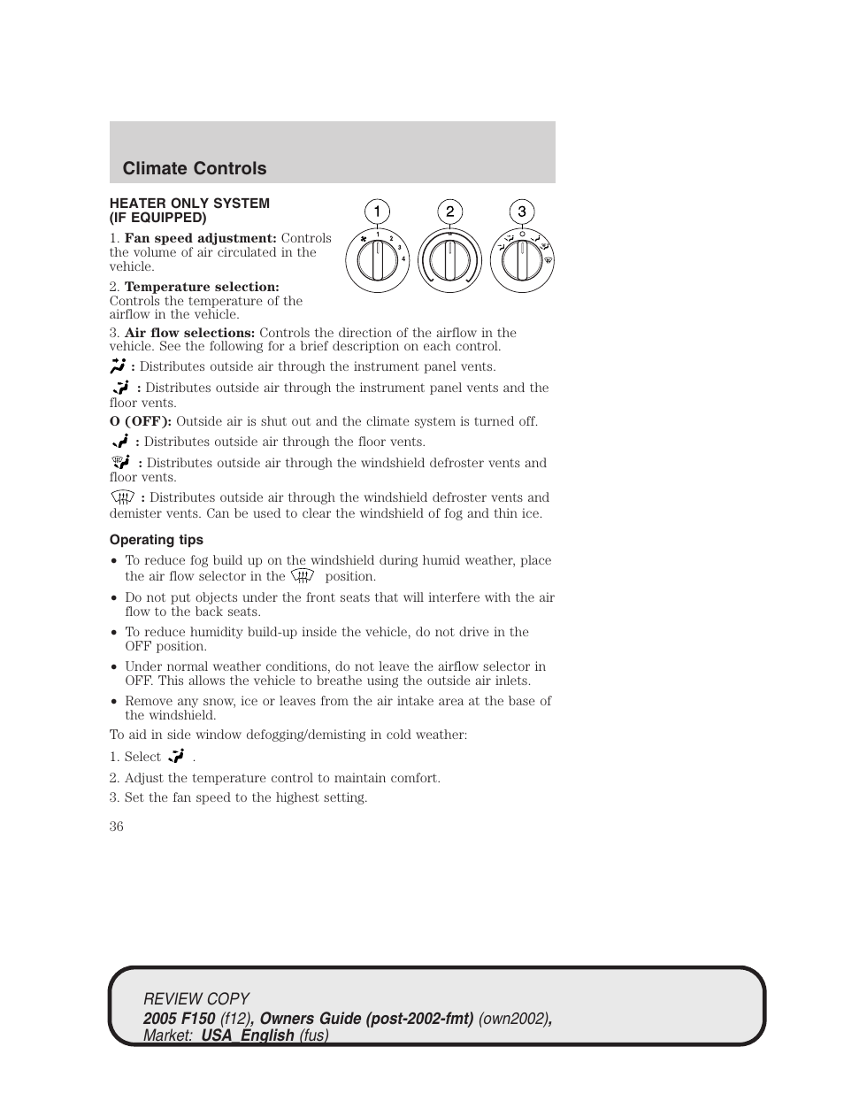 Climate controls | FORD 2005 F-150 v.1 User Manual | Page 36 / 312