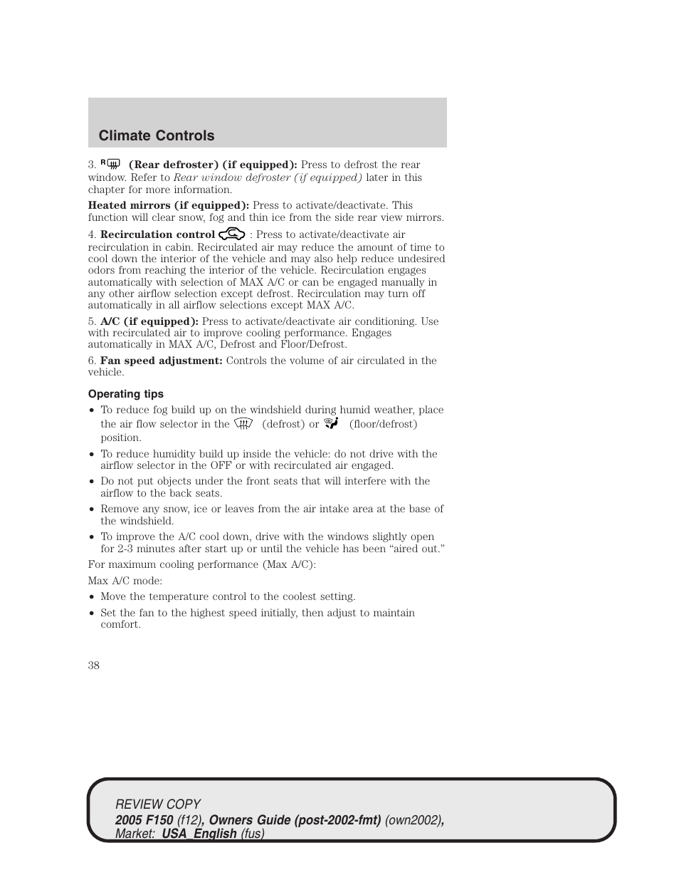 Climate controls | FORD 2005 F-150 v.1 User Manual | Page 38 / 312