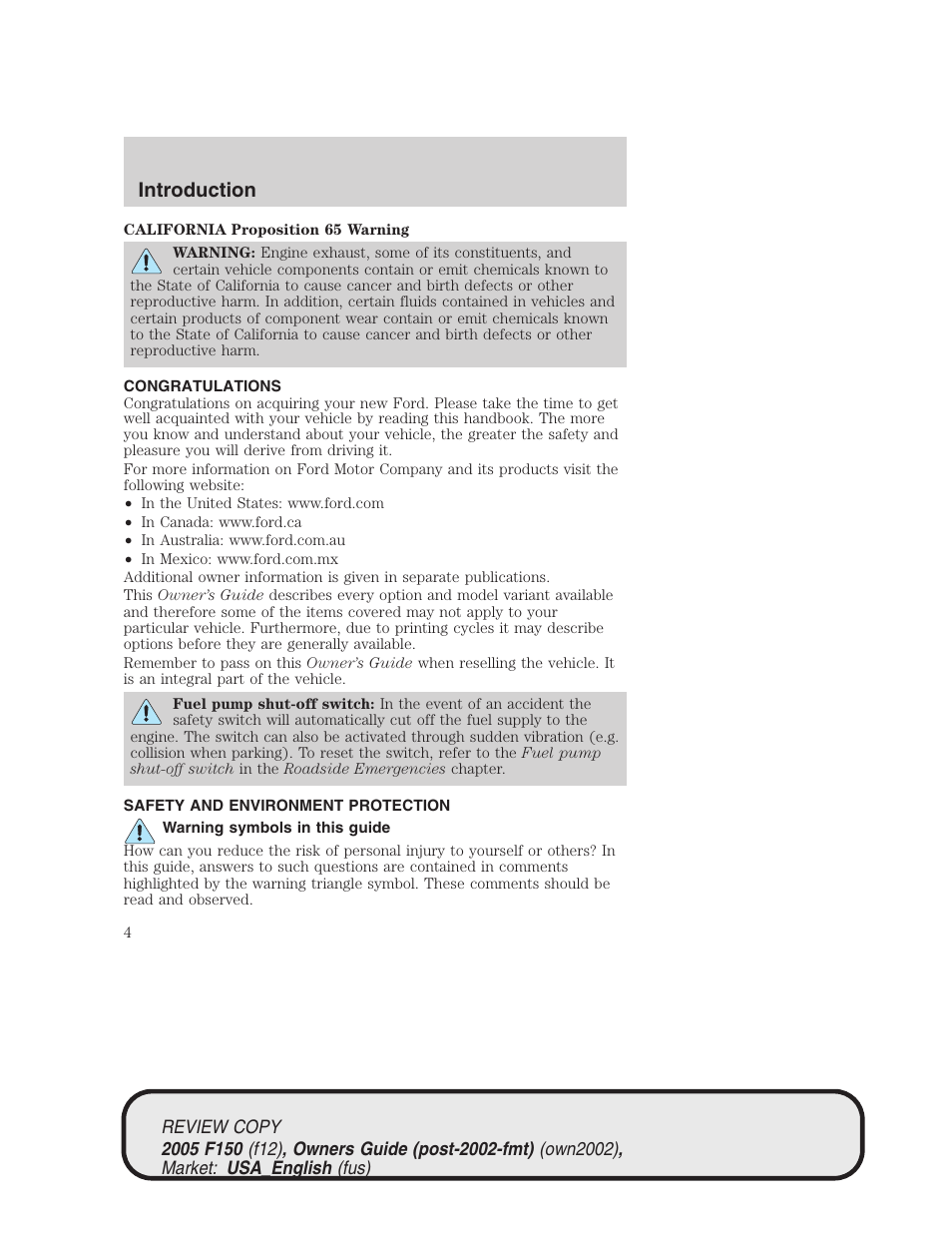 Introduction | FORD 2005 F-150 v.1 User Manual | Page 4 / 312