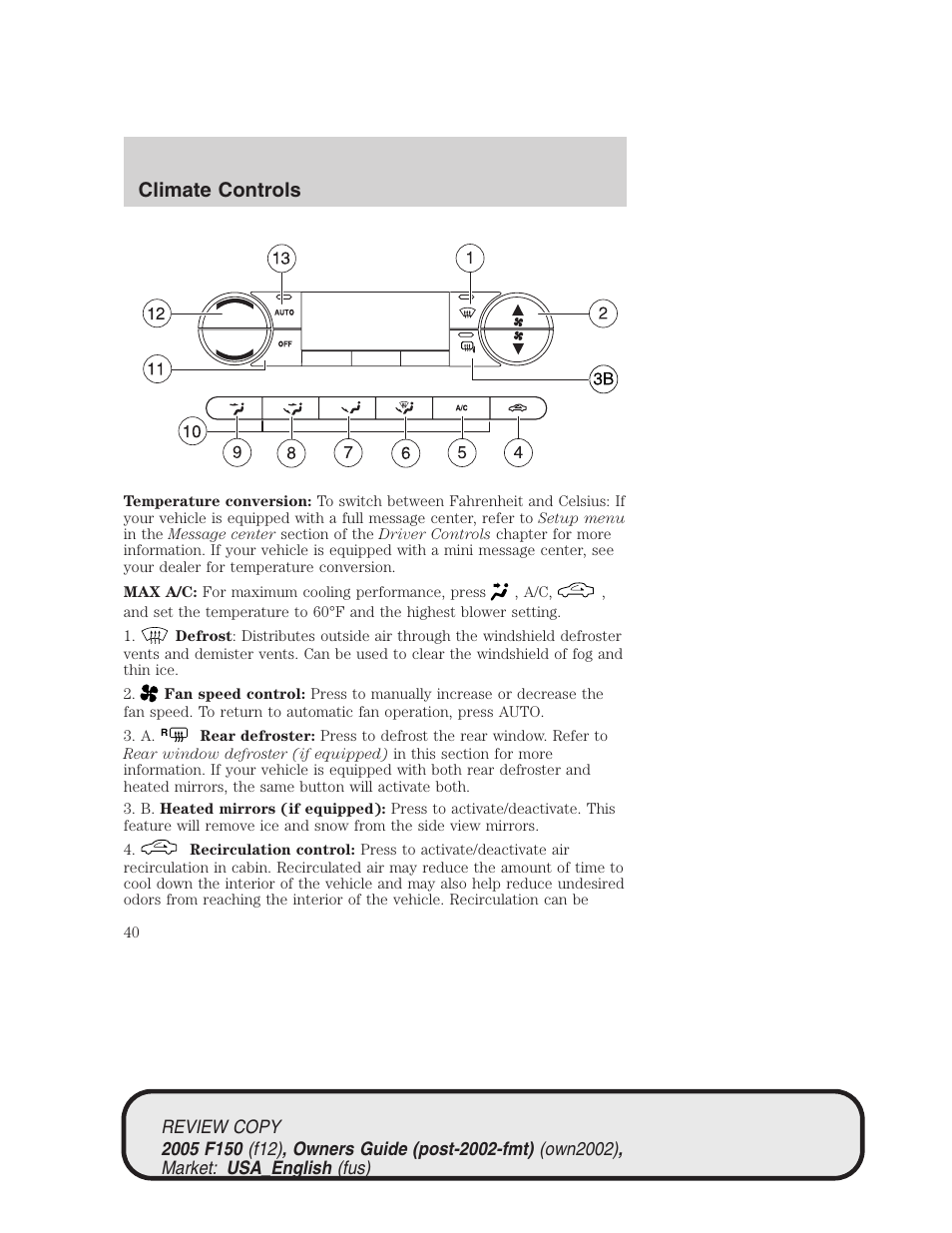 Climate controls | FORD 2005 F-150 v.1 User Manual | Page 40 / 312