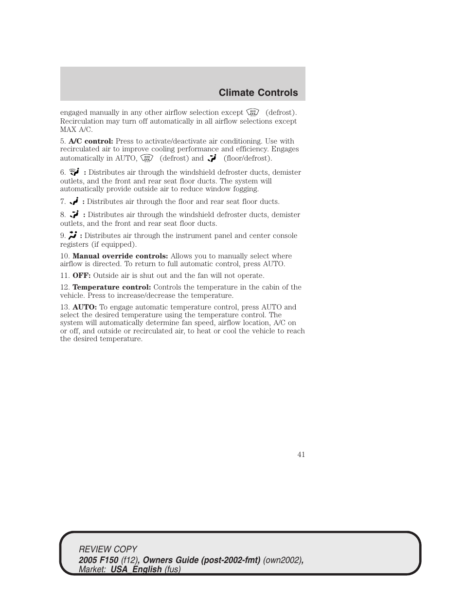 Climate controls | FORD 2005 F-150 v.1 User Manual | Page 41 / 312