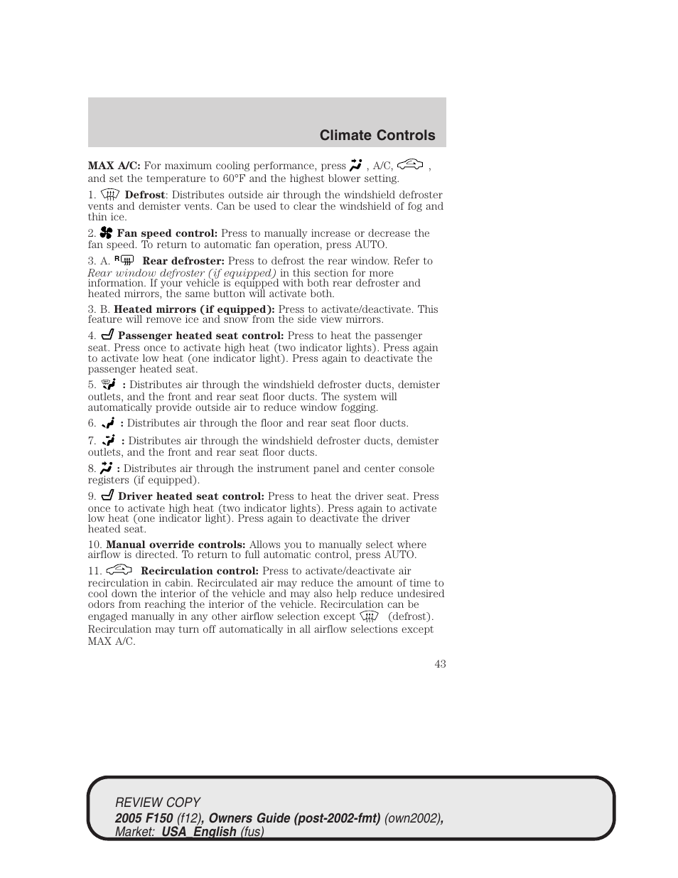 Climate controls | FORD 2005 F-150 v.1 User Manual | Page 43 / 312