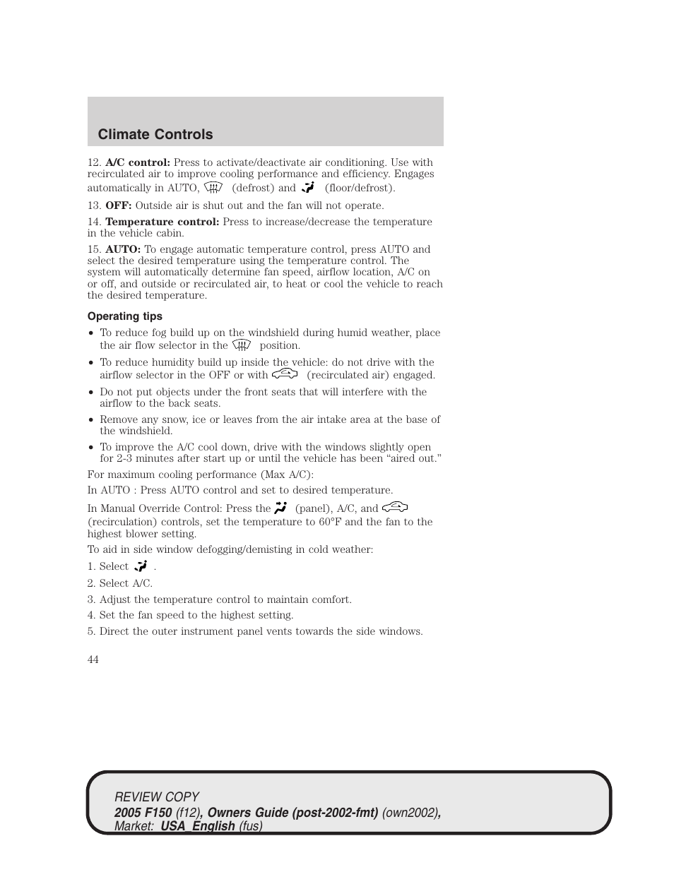 Climate controls | FORD 2005 F-150 v.1 User Manual | Page 44 / 312