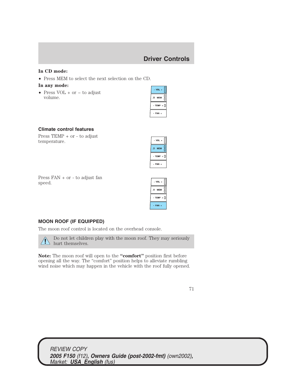 Driver controls | FORD 2005 F-150 v.1 User Manual | Page 71 / 312