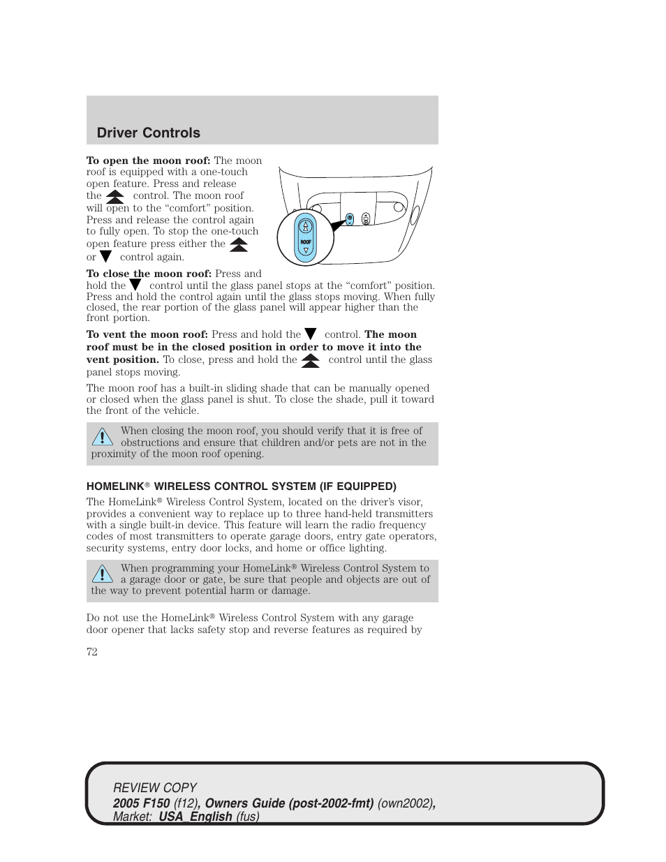 Driver controls | FORD 2005 F-150 v.1 User Manual | Page 72 / 312