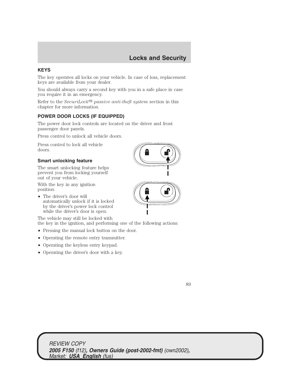 Locks and security | FORD 2005 F-150 v.1 User Manual | Page 89 / 312