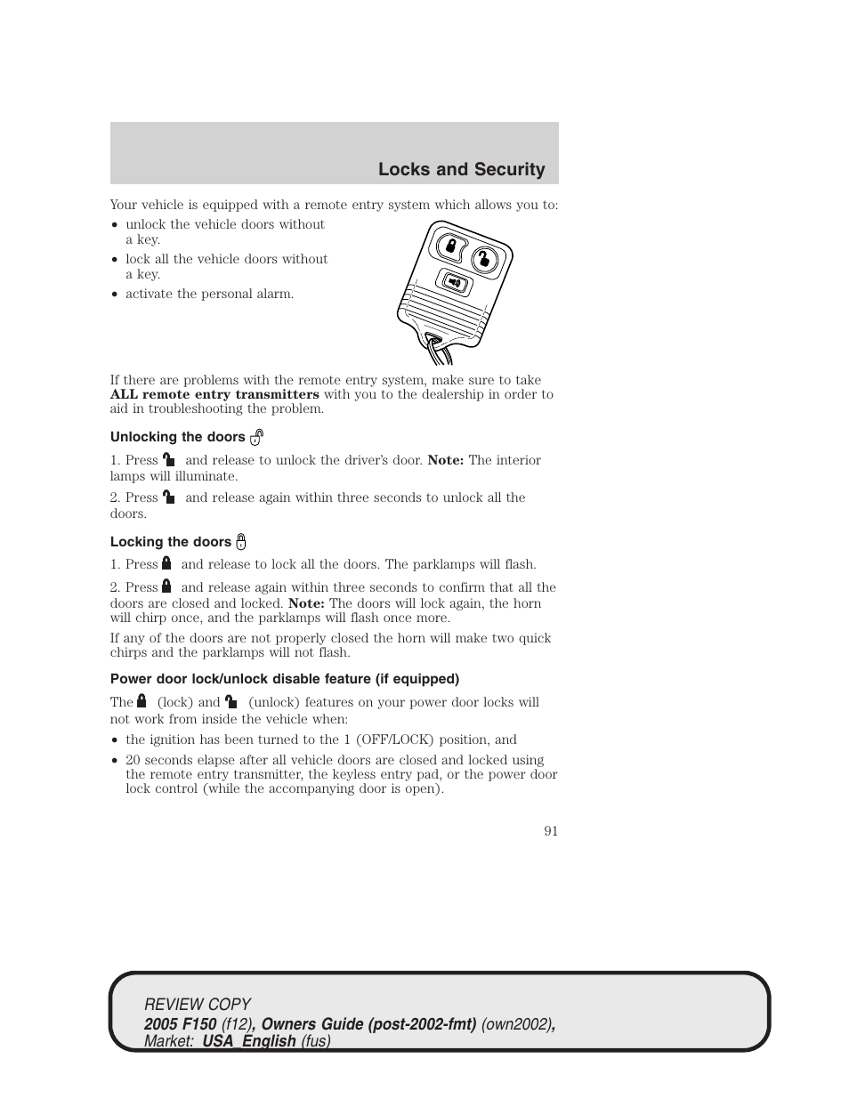 Locks and security | FORD 2005 F-150 v.1 User Manual | Page 91 / 312