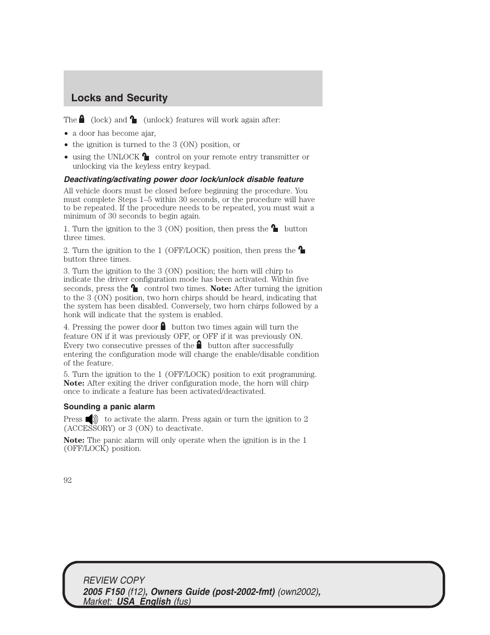 Locks and security | FORD 2005 F-150 v.1 User Manual | Page 92 / 312