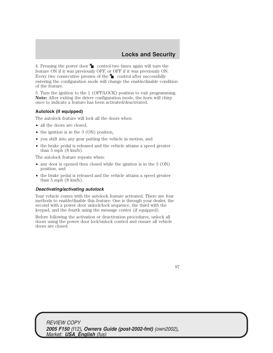 Locks and security | FORD 2005 F-150 v.1 User Manual | Page 97 / 312