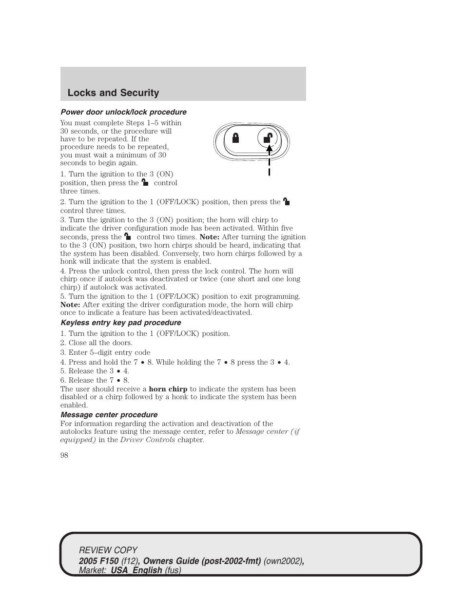 Locks and security | FORD 2005 F-150 v.1 User Manual | Page 98 / 312