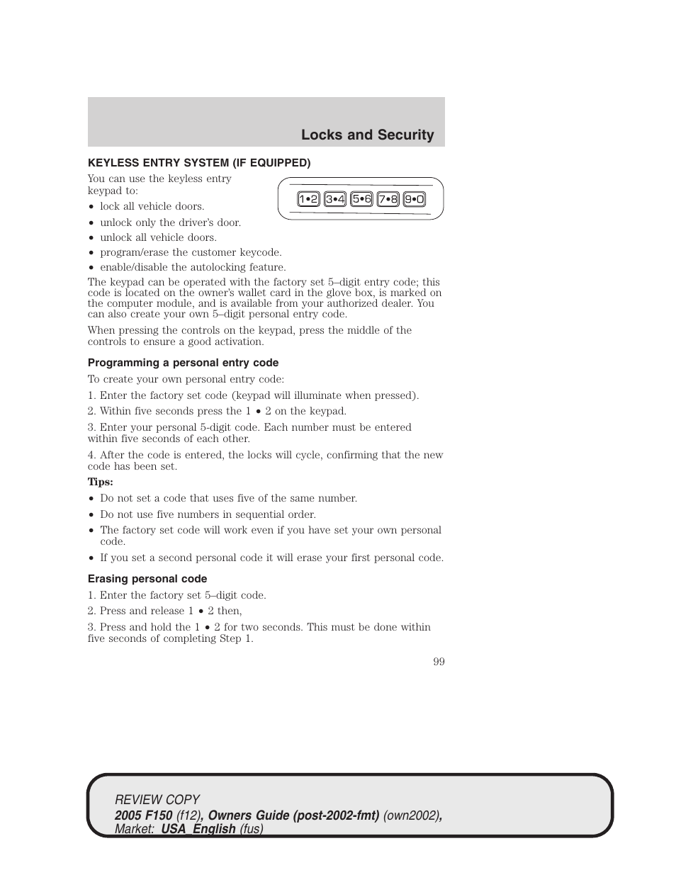 Locks and security | FORD 2005 F-150 v.1 User Manual | Page 99 / 312