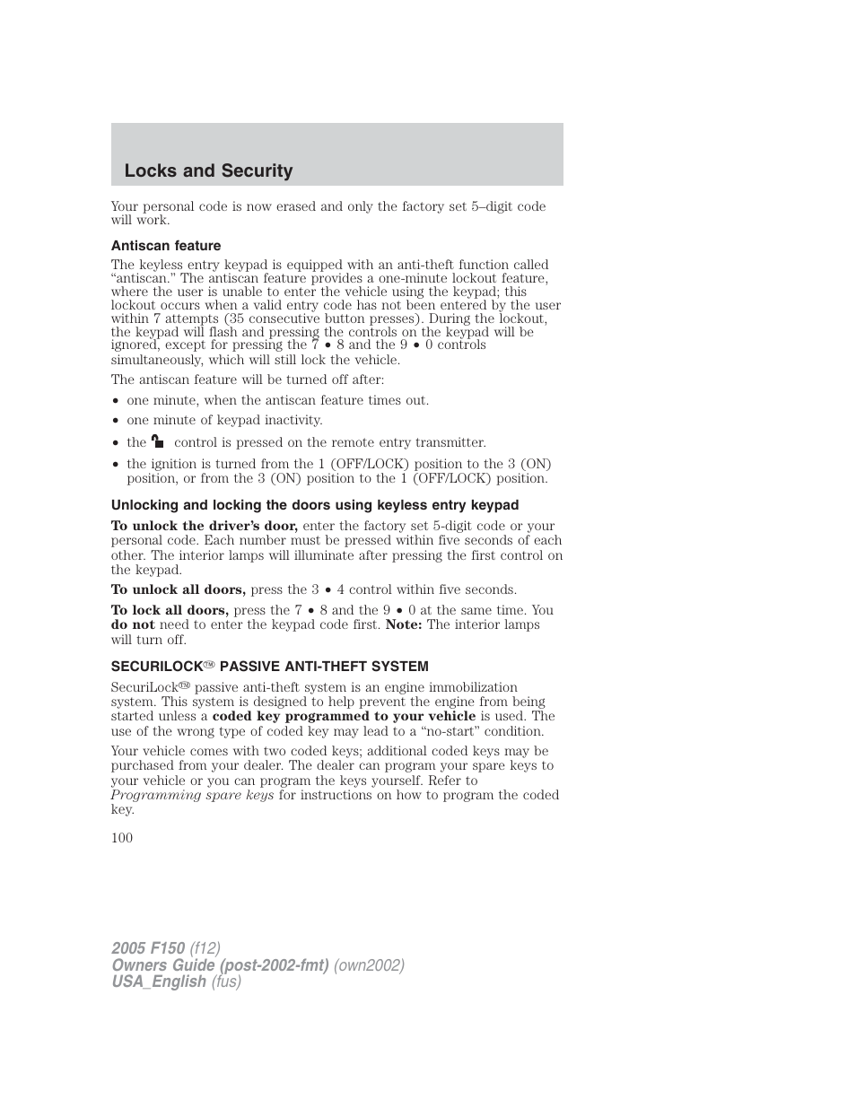 Locks and security | FORD 2005 F-150 v.2 User Manual | Page 100 / 312