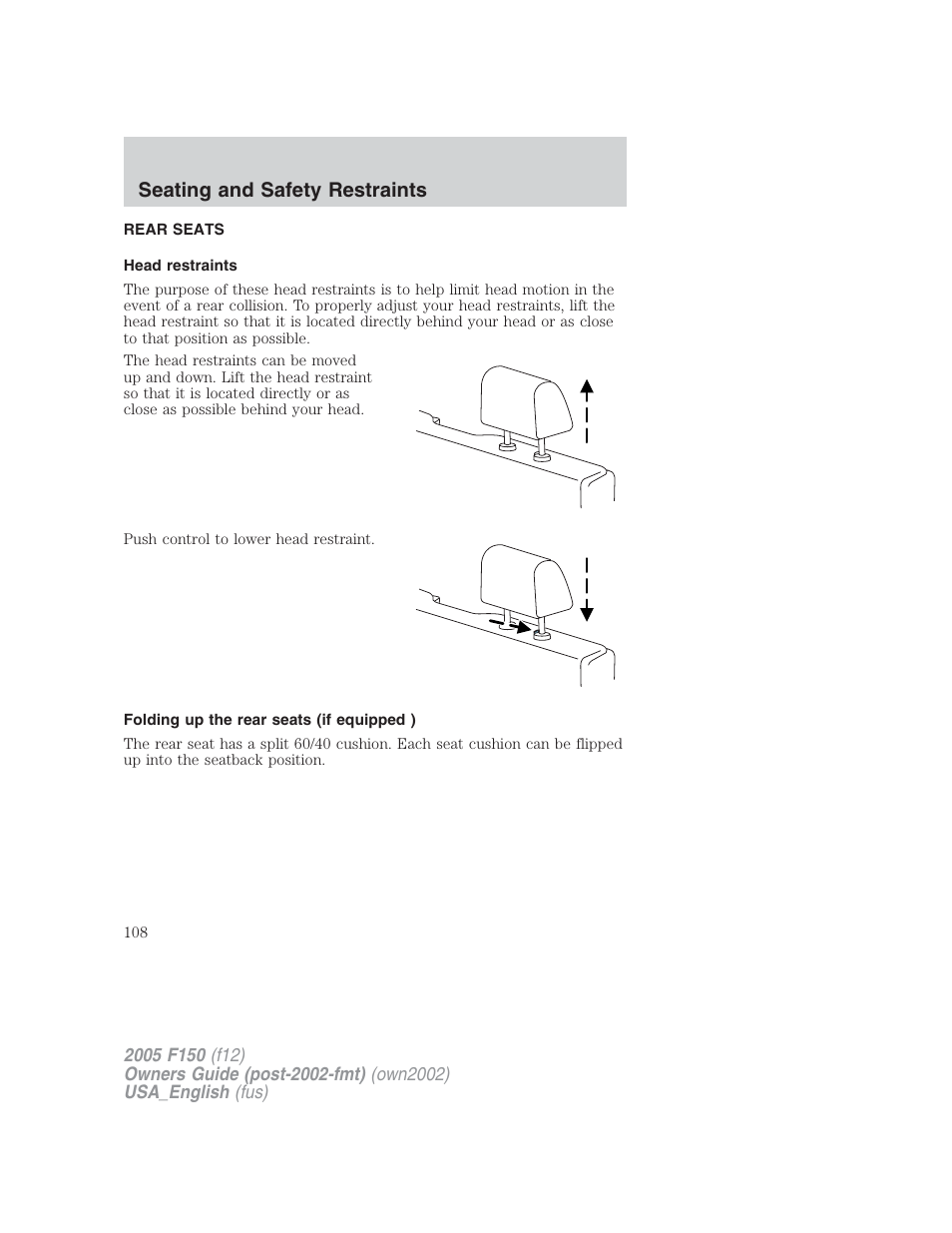 Seating and safety restraints | FORD 2005 F-150 v.2 User Manual | Page 108 / 312