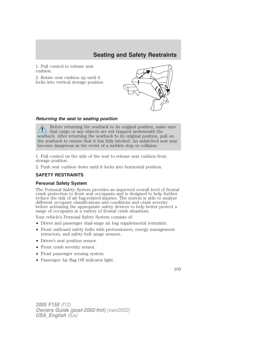 Seating and safety restraints | FORD 2005 F-150 v.2 User Manual | Page 109 / 312