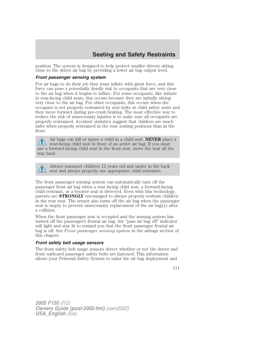 Seating and safety restraints | FORD 2005 F-150 v.2 User Manual | Page 111 / 312