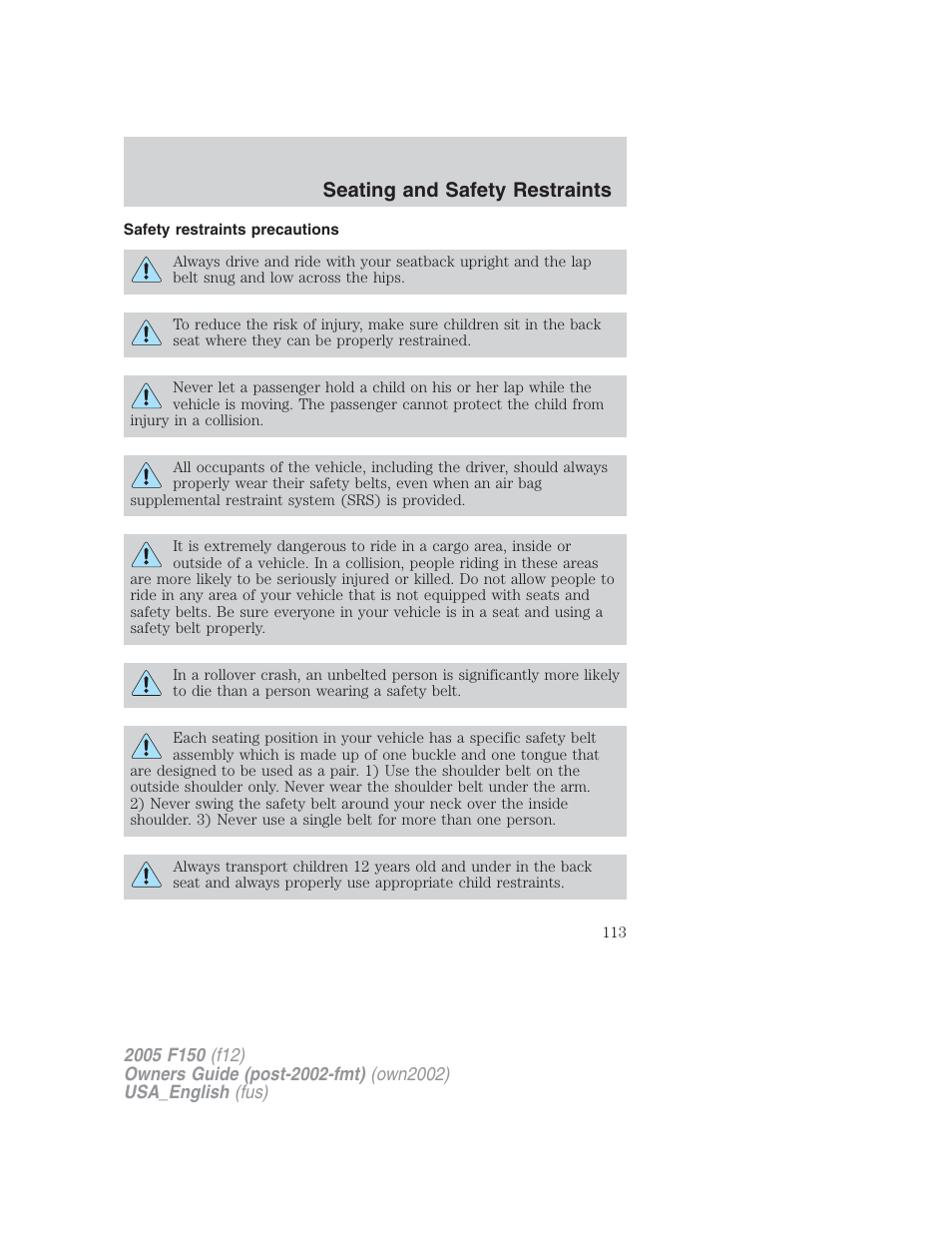 Seating and safety restraints | FORD 2005 F-150 v.2 User Manual | Page 113 / 312