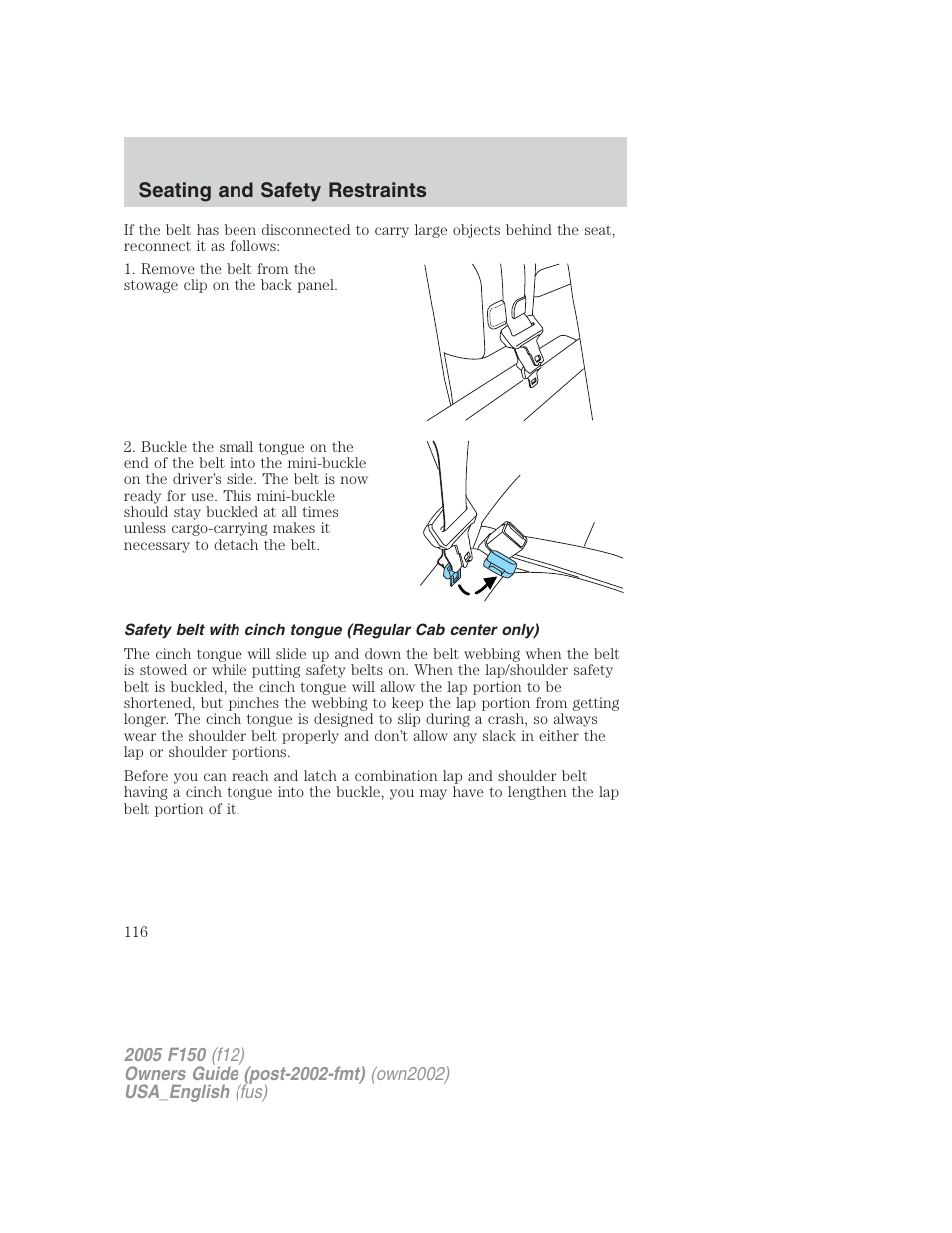 Seating and safety restraints | FORD 2005 F-150 v.2 User Manual | Page 116 / 312