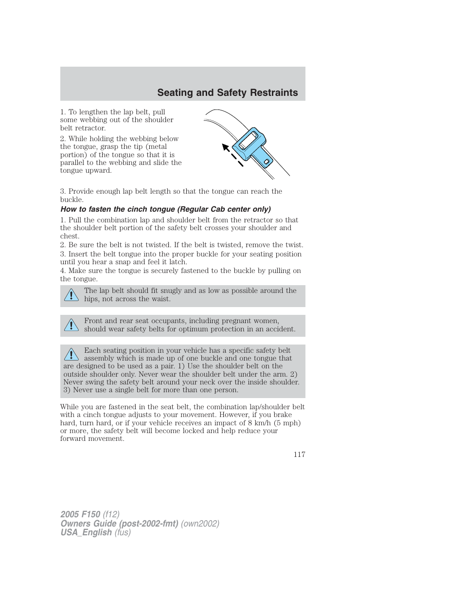 Seating and safety restraints | FORD 2005 F-150 v.2 User Manual | Page 117 / 312