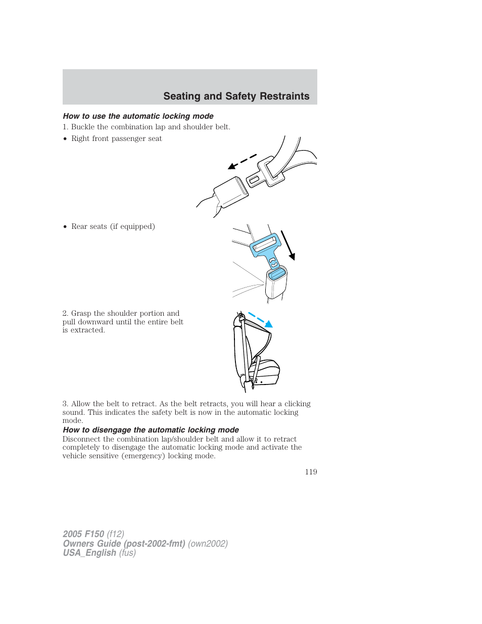 Seating and safety restraints | FORD 2005 F-150 v.2 User Manual | Page 119 / 312