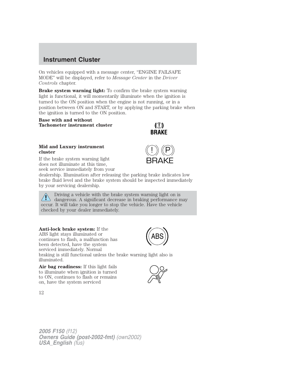 P! brake abs | FORD 2005 F-150 v.2 User Manual | Page 12 / 312